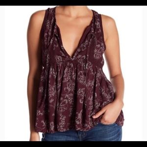 Burgundy Floral Tie Front Peasant Tank Top Melrose